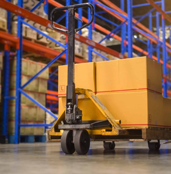 Inventory full of shelves in modern warehouse storage